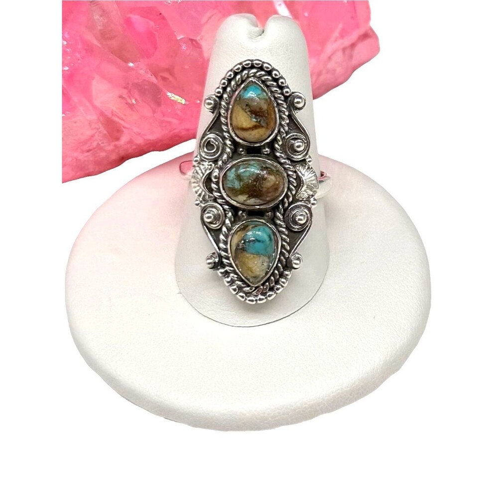 Royston Turquoise Ring Solid 925 Sterling Silver Adjustable Size 8 - 11